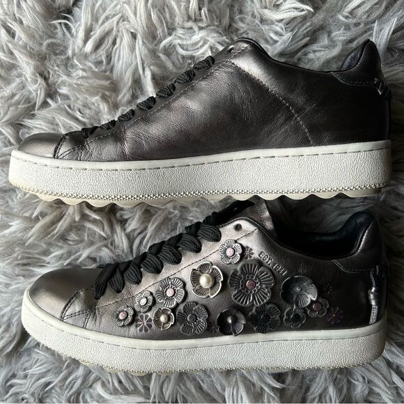 Coach Tea Rose Floral Embellished Metallic Leather Sneakers womens shoe size 9 B - Picture 7 of 13